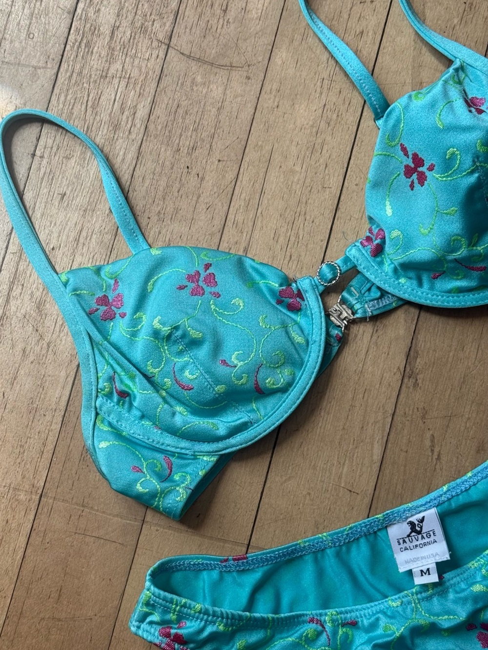 Vintage 80s Turquoise Embroidered Bikini Set - Picture 2 of 3